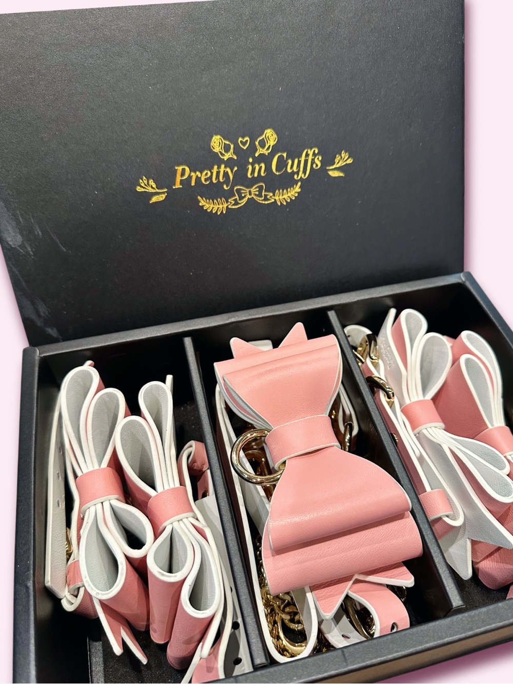 Luxury Leather Bondage Set RARE Pink Gold Bow Collar Handcuff Kawaii Harness